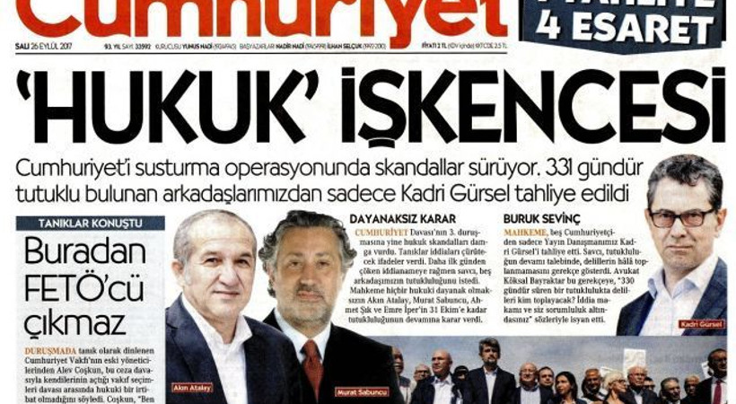 1 tahliye 4 esaret! İşte, Cumhuriyet'in bugünkü manşeti...