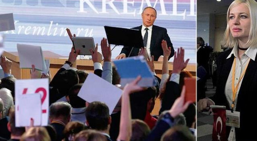 AA muhabirinden Putin'e Türk bayrağıyla soru